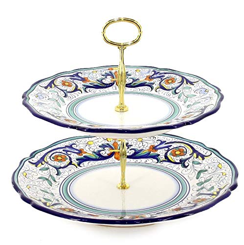 VECCHIA DERUTA: Two-Tier TID-Bit Tray [#014/001/TB2-VEC] - Authentic Hand Painted in Deruta, Italy. Original Design. Shipped from The USA with Certificate of Authenticity.
