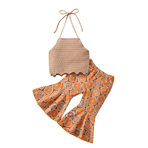Mandizy Boho Baby Girl Clothes Summer Sleeveless Backless Halter Tops Bell Bottoms Pants Outfit Toddler 2Pcs Flares Set (Khaki Knit Tops & Boho Flares, 2-3 Years) #TOP24