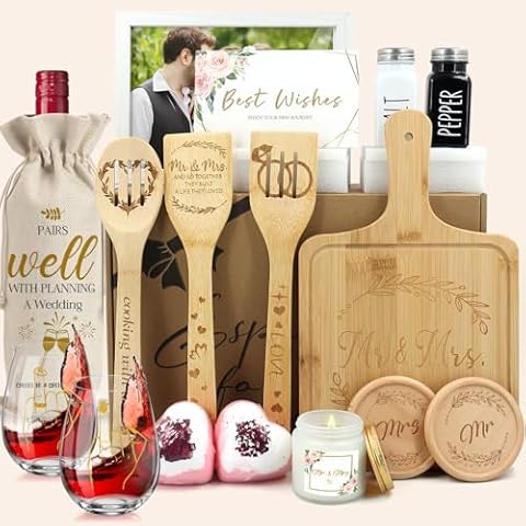 Wedding Gifts, Valentine's Day Gift, Engagement Gift Baskets for Newlywed,17 Pcs Mr and Mrs Gifts,Bridal Shower Gifts,Anniversary Wine Glass Serving Board Gift for Couples,Newlyweds,Bride and Groom Cover