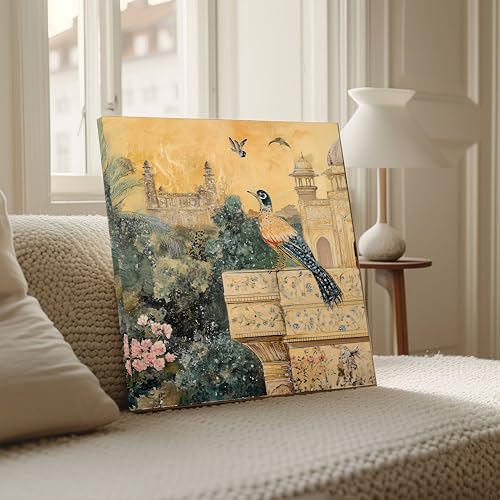 Image of PAINTINGMANTRA Mughal Palace Artwork Stretched Canvas Painting for Living Room | Heritage Bird Canvas Wall Decor Art For Livingroom, Bedroom, Office, Hallways - 34x34 Inch