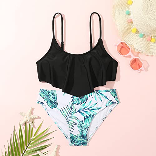 Girls Tankini Swimwear 2-Piece High Waisted Bikini Set with Ruffle Leaves Swimsuits Kids Beach Tropical Bathing Suit2