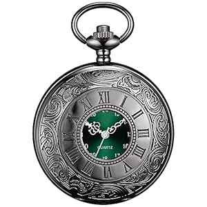 BOSHIYA Vintage Herren Taschenuhr mit Kette Einzigartiges Blau/Grün Römischen Ziffern Zifferblatt Analog Quarz Taschenuhr für Herren Schwarz/Silber