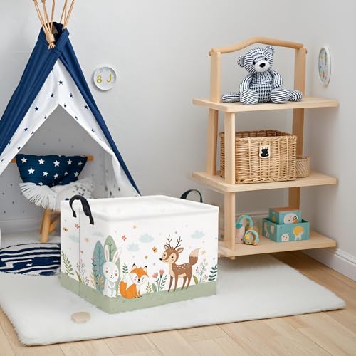 Image of Rectangular Kids Storage Basket Baby Storage Basket with Handles for Home Kitchen Boys and Girls Cute Toy Storage Bin Organizer Shelf Book Room Decor(Flower Animal)
