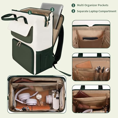 Image of BERTASCHE Lunch Backpack for Women, 15.6 Inch Laptop Backpack with Insulated Cooler Lunch box, Nurse Backpack for Teacher Work Travel College Picnic,Green-Beige