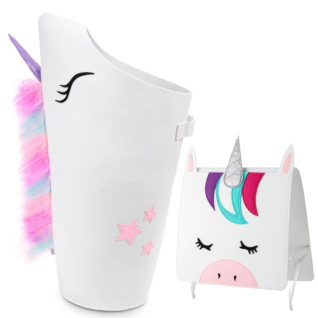PIKL Unicorn Hamper Bedside Caddy set Patented design Quality Girls Laundry Hamper with Carry Handle and hanging storage organizer bed pocket unicorn decor Ideal gift for girls kids laundry basket