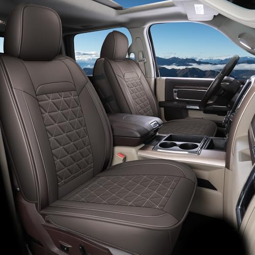Image of Coverado Leather Car Seat Covers, Waterproof Dooge Ram 1500 Seat Covers Compatible with 2002-2026 Dodge Ram 1500 2500 3500 with Flat Bench (Full Set, Coffee)