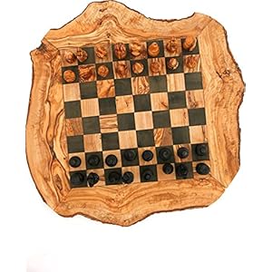 HappyWoods – Handgemaakte Olijfhouten Rustic Schaakspel – 35 cm – Olijfhouten Schaakbord met Schaak stukken – Schaakset…