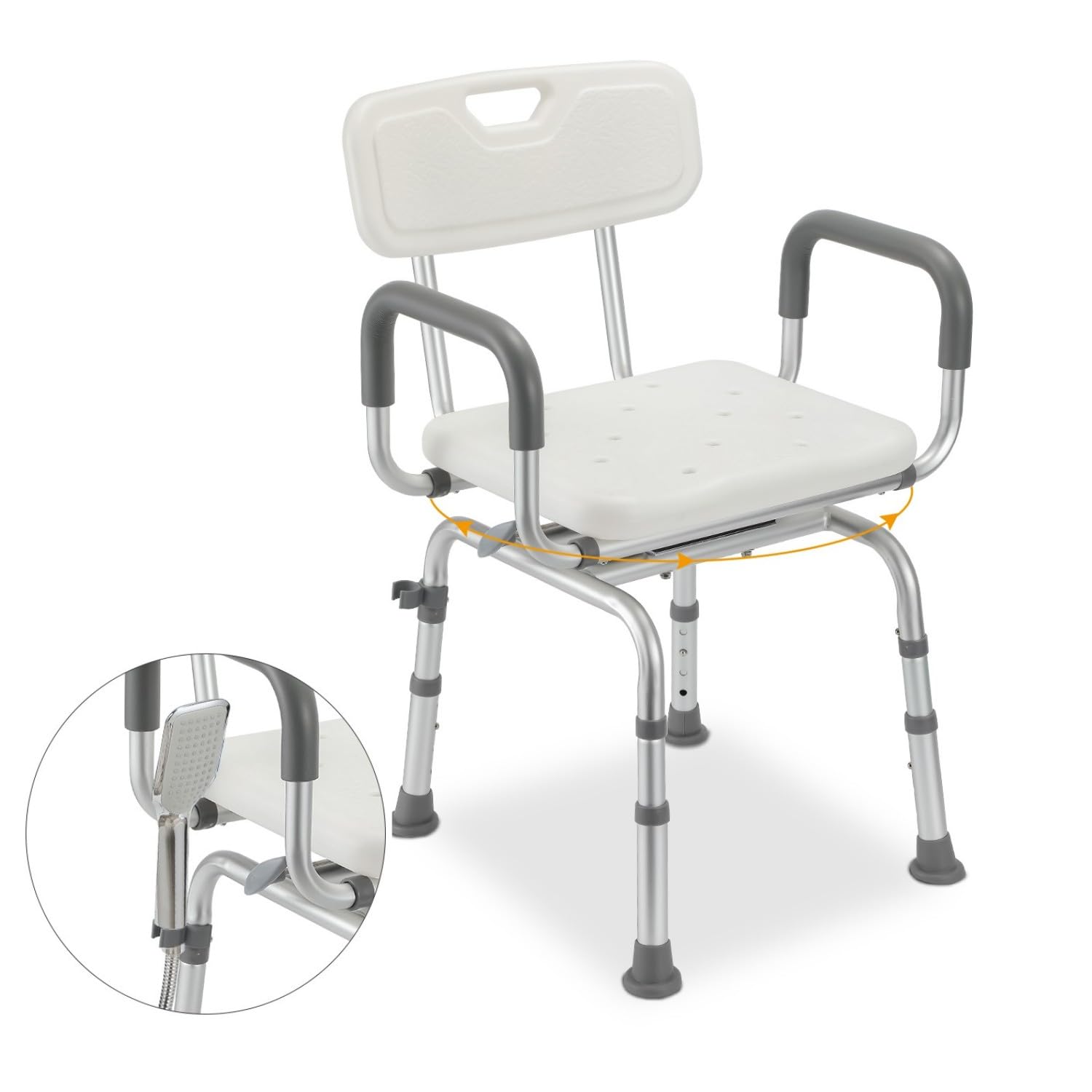 Taburete de Ducha para Personas Mayores, Giratorio 360°, con Respaldo y reposabrazos, Altura Ajustable, 40-48 cm, Taburete de baño, Patas Antideslizantes, Estable para la Ducha