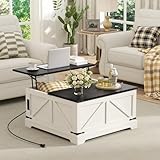 Farmhouse Lift Top Coffee Table with Hidden Storage, 35.4" W Wood Square Center Table with Charging Station, Rustic Cocktail Tables with Flip Top Lids for Living Room, Home Office, Modern Black -  FiveWillowise