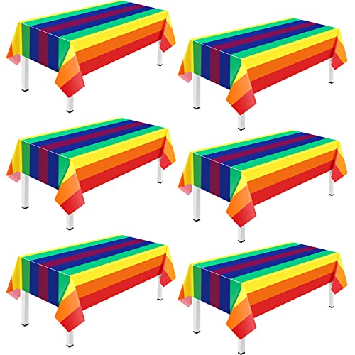 Breling Bulk Rainbow Tablecloth Carnival Pride Disposable Plastic Tablecloth Rectangle Rainbow Tablecover Birthday Party Supplies for Carnival Pride Party(6 Pack 108 x 54 Inch)