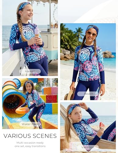 Image of GRACE KARIN Girls Long Sleeve Swimsuit Two Piece Rashguard Floral Swimwear 6-14Y