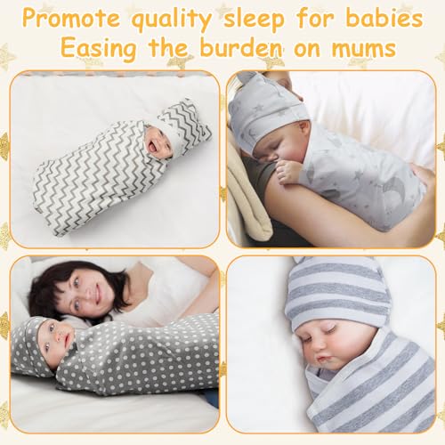 Image of Ramede 6 Set Baby Swaddle Blanket and Hat, 100% Cotton Newborn Receiving Blanket Wrap with Headband, 31.5 inch Soft, Breathable for Girl Boy Nursery Sleep Cradle Sheet Breastfeed Cover(Star,Grey)