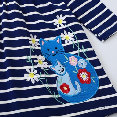 Image of Girls Cotton Long Sleeve Casual Cartoon Appliques Striped Jersey Dresses