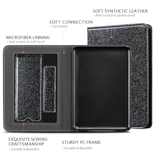 Image of CoBak Case for 6 inch E-Reader - PU Leather Smart Cover with Auto Sleep /Wake & Hand Strap, not Compatible with Kobo Clara,Black Glitter