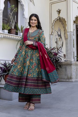 Image of Pistaa's Women's Pure Cotton Anarkali Floral Printed Kurta with Palazzo & Dupatta Set