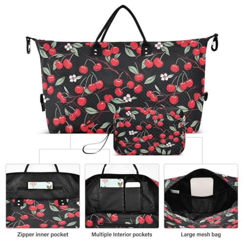 Flower Cherry Green Leaves Black Travel Duffle Bag Gym Bag Weekender Bags with Toiletry Bag Travel Trip Tote Bag2