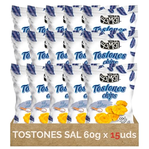 Tostones SAMAI Chips de Plátano con Sal Marina - Pack 15 Bolsas x 60g (900g Total) - Snack Natural Sin Gluten - Patacones Crujientes - Aceite de Palma Sostenible