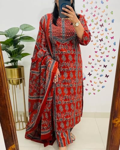 Image of krisjan|Women's Pure Cotton Printed with Handwork Kurta with Pants and Dupatta Set | Ethnic Set | Suit Set | Kurta Set | Wedding Suit Set