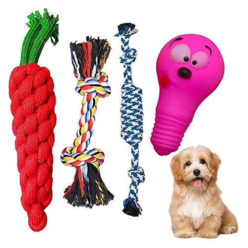 emily pets Dog Toys Set Dog Rubber Chew Toys, Rope Toys, Squeaky Toys All-in-One Set Dog Toys for Small to Medium Dogs (Pack of 4, Color May Vary)