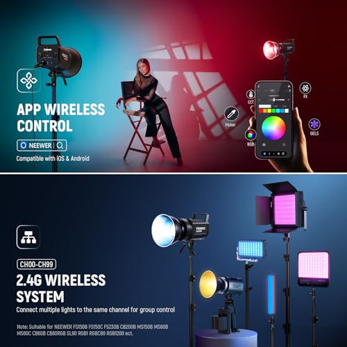 NEEWER 300W RGB LED Video Light APP/2.4G Control 17 Effects, 2500-7500K 29000lux/1m COB Continuous Output Lighting, CRI95+/TLCI97+ 4 Dimming Curves Bowens Mount Spotlight for Studio Shoots, FS300C