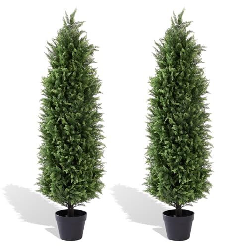4ft Faux Cedar Topiary for Outdoor Planters, Large Artificial Trees Set of 2, UV Rated Fake Plants with Pot for Front Porch Outside Decor 4 Feet Tall