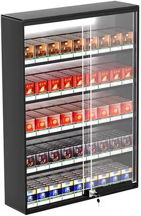 Lockable Wall-Mounted Cigarette Display Rack - Sliding Door Case with Automatic Push Rod & Storage Box, Perfect for Retail Shops & Home Use, Black 74.5x17.3x105cm
