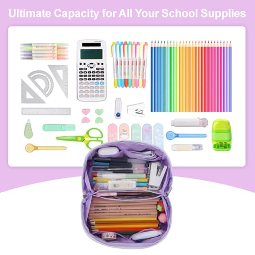 Image of Large Pencil Pouch for Teen Girls, 8 Compartments, Purple | Large capacity pencil case, wide-opening organizer fits calculators, markers, pens; for middle school, high school, college