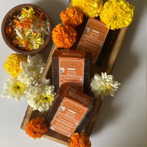 Image of Nyassa Luxurious Sacred Sandalwood Handmade Natural Bathing Soap | Buy 2 get 1 free |Chamomile Extract & Calendula with Organic Sweet Almond Oil |Sandalwood Fragrance | All 75gm
