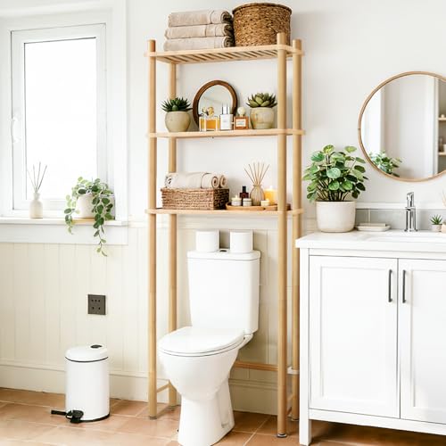 WANGMUXIA 3-Tier Bamboo Over the Toilet Storage Shelf Bathroom Organizer Shelf with Wall Anchor 50% Thicker Heavy-Duty Structural Design Freestanding Space Saving Organizer for Bathroom