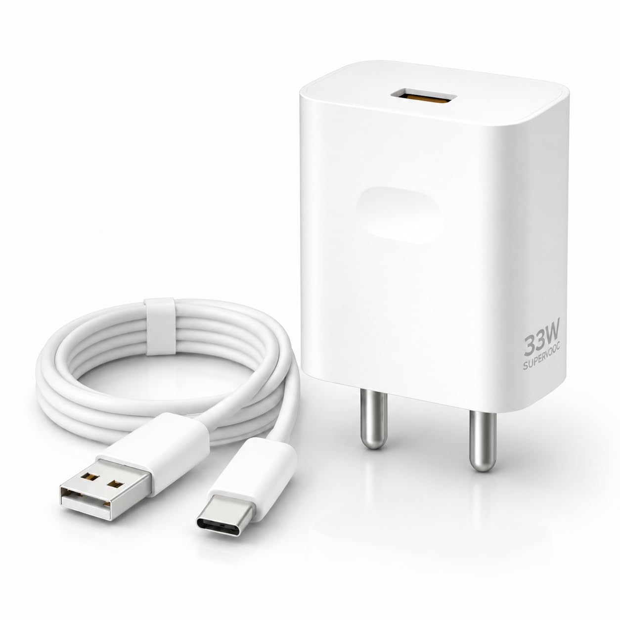 33w supervooc fast charger with usb to type-c cable | high-speed fast charging adapter | supports supervooc, vooc, dash, warp & dart charging, white