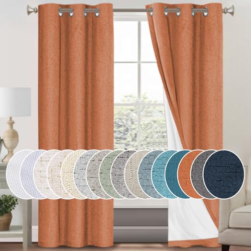 Image of PrinceDeco 100% Blackout Curtains 84 inch Length 2 Panels Set Anti-Rust Grommet Linen Textured Curtains for Bedroom Solid Full Blackout Thermal Insulated with White Liner, Orange, 42 inch W x 84 inch L