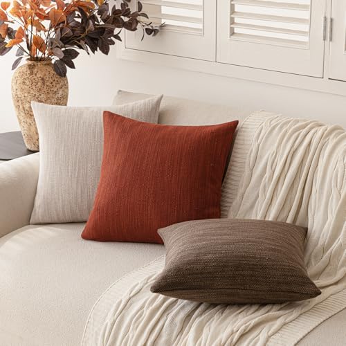 Image of Foindtower Set of 2 Decorative Textured Burlap Linen Throw Pillow Covers Farmhouse Boho Cushion Cover Solid Accent Pillowcase for Couch Sofa Bed Living Room Home Decor, 22x22 Inch,Fall Orange Hazel