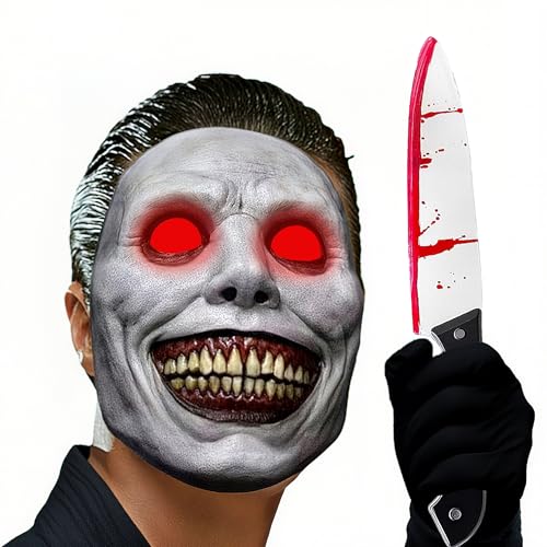 JOYTIX®Máscara de Demonio LED con Ojos Rojos Luminosos de Látex Natural para Halloween & Fiestas de Disfraces | Máscara de Terror Sonriente con Guantes Negros y Cuchillo Sangriento