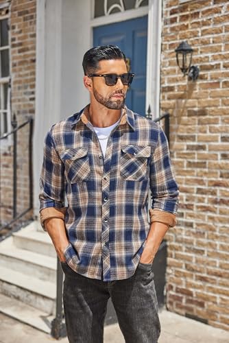 COOFANDY Men's Fall Plaid Button Down Shirt Long Sleeve Casual Cowboy Work Shirts Lightweight Flannel Shirts Two Pocket4