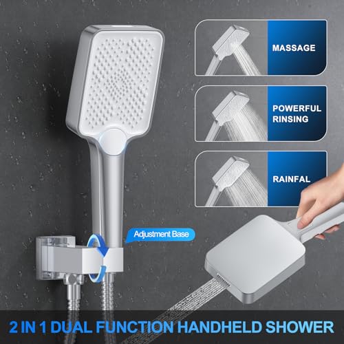 Image of Shower Faucet Set, 12 inch Ceiling Mount Rainfall Shower System with 2 Rain Shower Head and Multi-function Handheld Head Push Button Diverter Shower Faucet Trim Kit (12 inch, Polished Chrome)