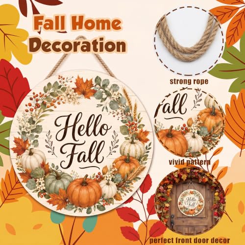 Image of Fall Decorations for Home - Hello Fall Wreaths for Front Door | Rustic Round Wood Wreaths Hanging Sign for Thanksgiving Decorations - Fall Garland Porch Decor for Door Wall Room Kitchen
