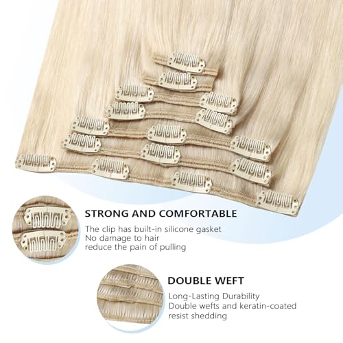 Image of COOKAYU Real Human Hair Clip in Hair Extensions, Remy Hair Clip in Hair Extensions, Platinum Blonde Hair Thick Silky Straight Real Human Hair, 14inch 120g 7Pcs