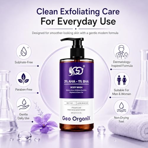 Image of AHA BHA Body Wash with 3% Lactic Acid, 1% Salicylic Acid & 1% Glycolic Acid | Exfoliating Body Cleanser for Body Acne, Rough Texture, Tan Removal & Smooth Skin | 300 ml