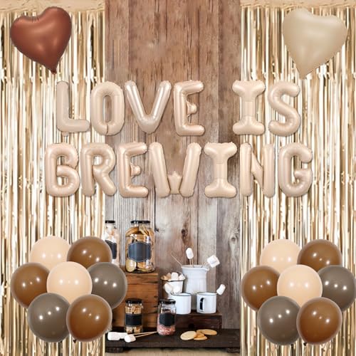 Image of Coffee Bridal Shower Decorations Love Is Brewing Balloons Banner Coffee Theme Garland Foil Fringe for Girls Women Cafe Bar Theme Bachelorette Bridal Shower Wedding Shower Party Supplies