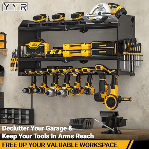 YYR-Power-Tool-Organizer-with-Charging-Station-Wall-Mount-Cordless-Drill-and-Battery-Holder-for-Garage-Organization-Electric-Tools-Storage-Rack-Build-in-Surge-Protection-Power-Strip-Black-Shelf