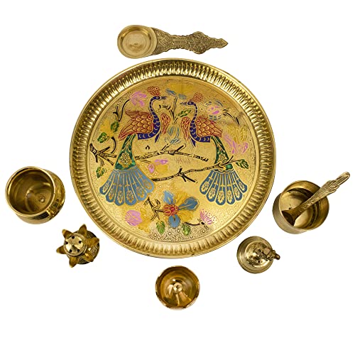 Image of Spillbox Traditional Handcrafted Brass Puja | Pooja Thali | Arati | Arathi | Arthi | Arti | Arathi | Bartan Thambulam Plate Set for Several Occasions Like - Diwali Gift- Peacock Ppset