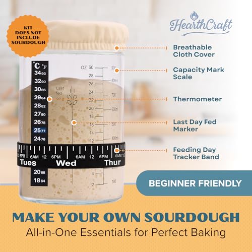 Image of Sourdough Starter Jar Kit 34oz - Wide Mouth Glass Jar with Thermometer Strip, Feeding Day Tracker, Silicone Spatula, Cloth Cover, Measuring Cups & Metal Lid for Homemade Artisan Sourdough Bread Baking
