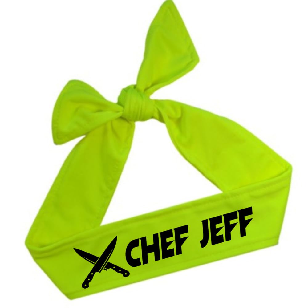Funny Girl Designs Personalized Chef Tie Back Headband, Moisture Wicking, Custom Name in Variety of Colors (NEON YELLOW HEADBAND)