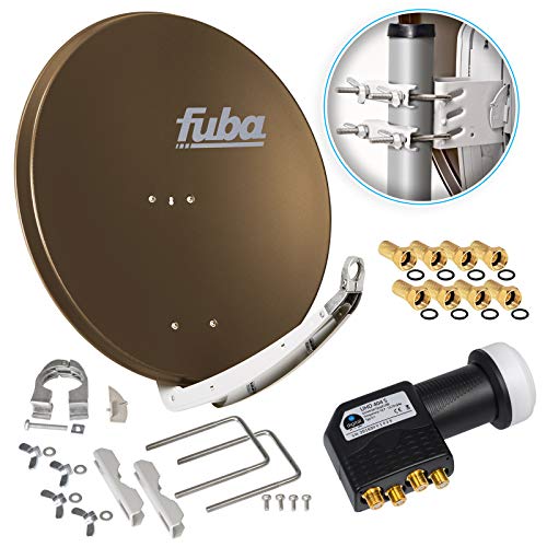 Fuba DAA 850 B 85cm Sat Schüssel Braun Satellitenantenne Aluminium Reflektor + HB-DIGITAL UHD Quad LNB 4 Teilnehmer Direktanschluss schwarz 4K Ultra HDTV Full HD 3D fähig + 8X F-Stecker vergoldet