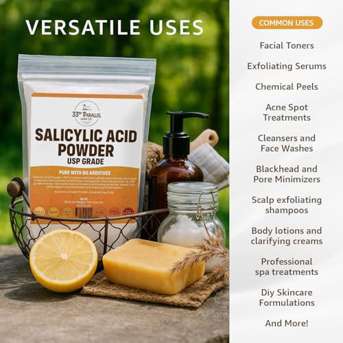 33RD PARALLEL SOAP CO. Salicylic Acid Powder USP Grade (4oz) | Professional BHA Exfoliant for DIY Skincare, Serums, Peels & Toners – High Purity Ingredient for Clear, Smooth Skin | 4 OUNCES