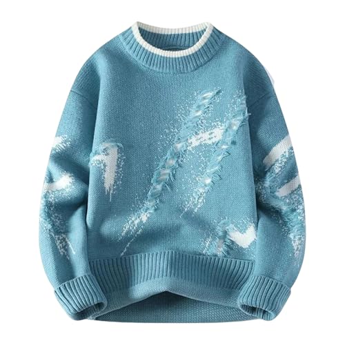 Men's Hole Design Knit Sweater Crew Neck Patchwork Pullover Fall Winter Casual Outfit