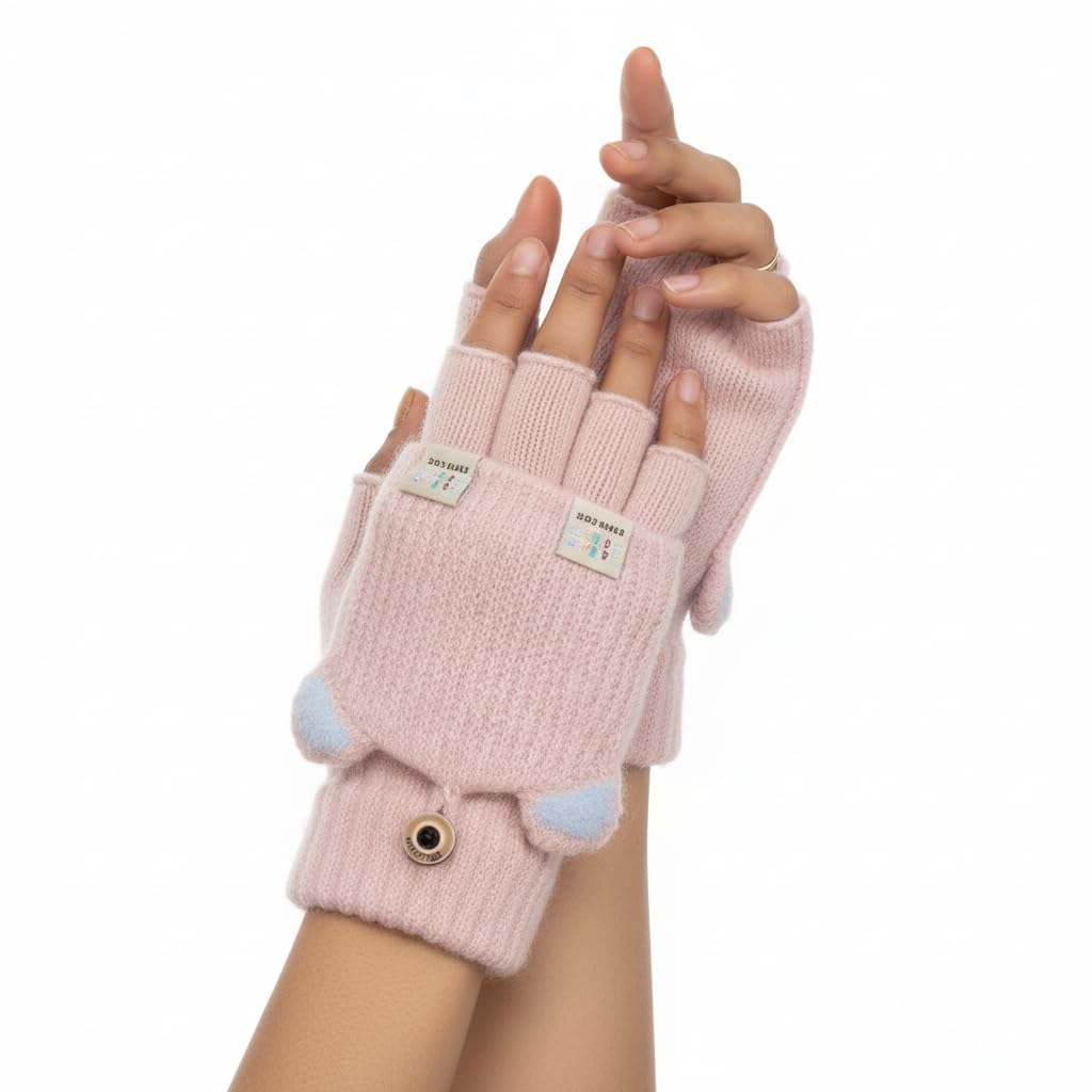 Women's Navy Blue Winter Gloves Convertible Fingerless Mittens Warm Knit Cat Ear Flip Top