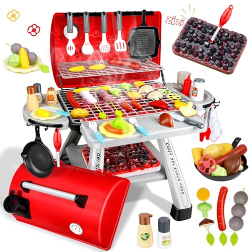 Sumfox 41Pcs Toy Grill Kids Grill Playset with Sound & Light for Toddlers - Kids BBQ Grill Playset for Indoor and Outdoor Kitchen Playset for Kids