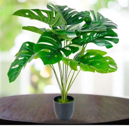 Image of Dekorly Artificial Palm Plants Leaves Faux Turtle Leaf Fake Monstera Tropical Large Palm Tree Leaves Outdoor UV Imitation Leaf Decorations (Black Pot Monstera)