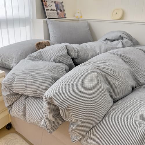 Image of mixinni Grey Striped Duvet Cover Queen Size - 100% Washed Cotton Pinstripe Comforter Cover with Zipper Closure, Lightweight & Breathable, 3 Pieces Minimalist Stripes Pattern Printed Bedding Set